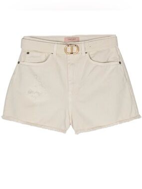 Twin-Set Cream High-Rise Denim Shorts with Gold Buckle Belt